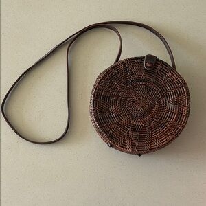 Round Brown Woven Crossbody Bag